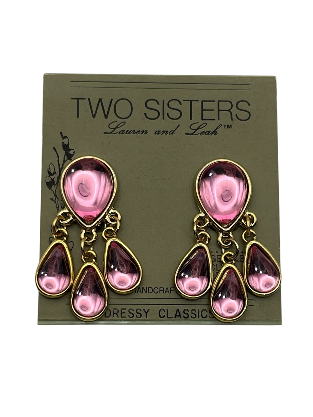 Two Sisters pink teardrop cabochon gold tone chandelier earrings vintage NEW